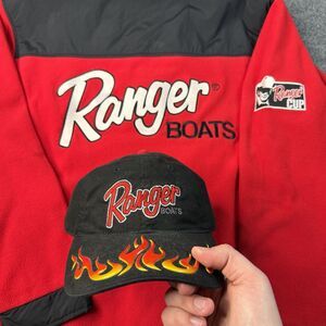 Vtg Ranger Boats Bomber Jacket Medium Big Logo & Flames Hat Bundle Lot Of 2 Y2K